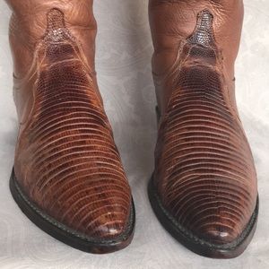 Dan Post lizard skin mixed finish cowboy boots with gold metallic highlights